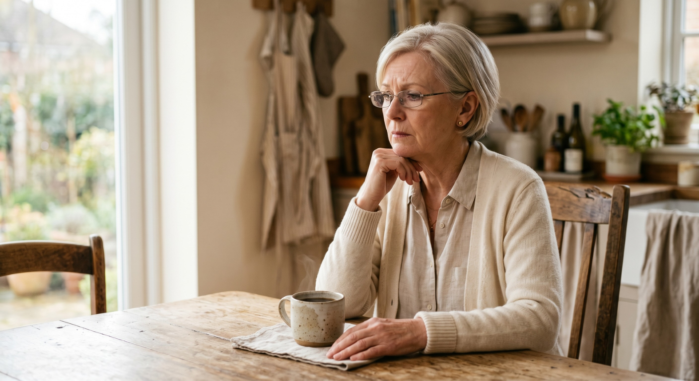 Woman at kitchen table looking thoughtful